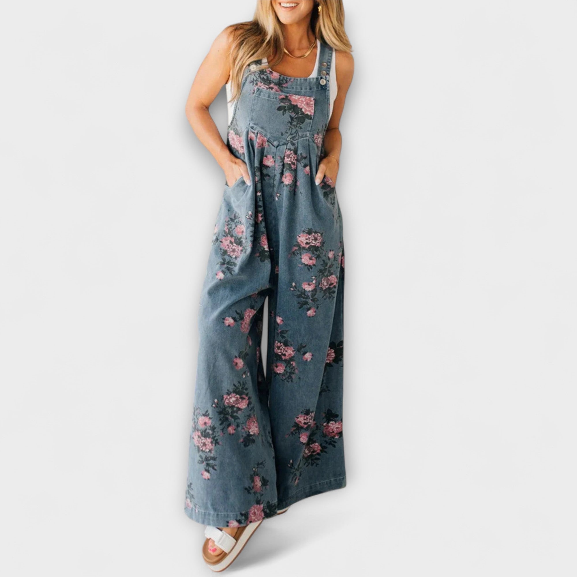 Bethany - Blomster Mønster Bred Denim Overalls