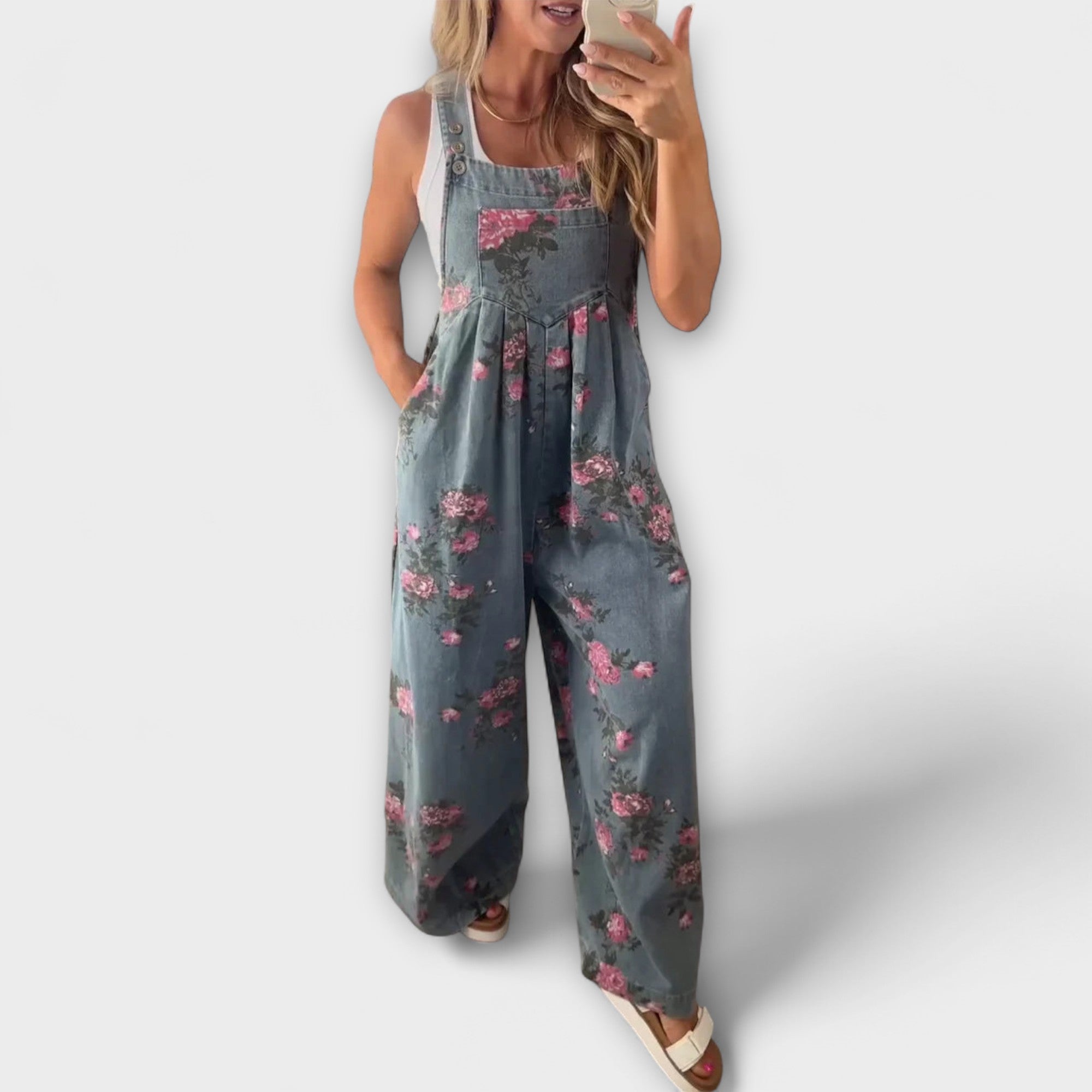 Bethany - Blomster Mønster Bred Denim Overalls
