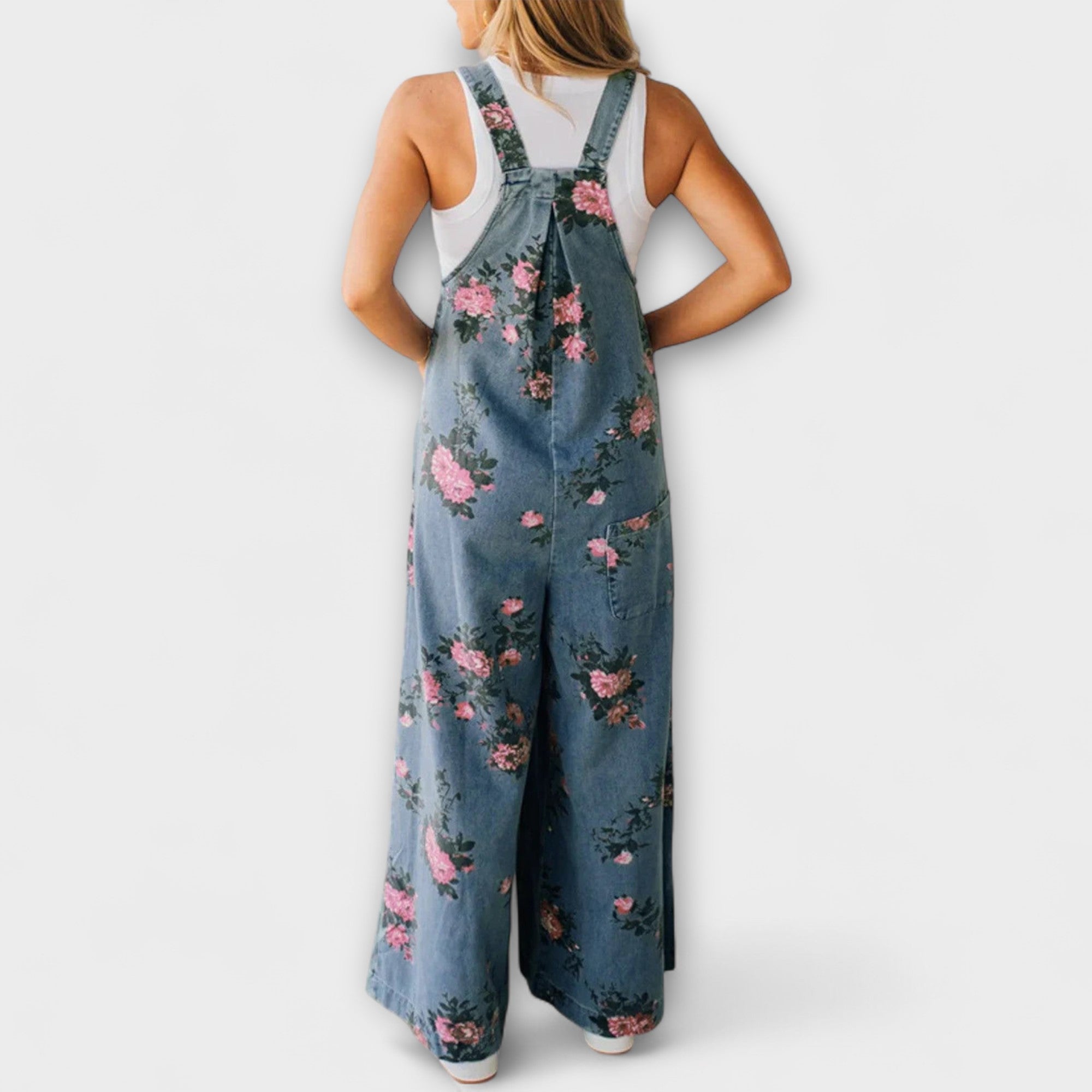 Bethany - Blomster Mønster Bred Denim Overalls