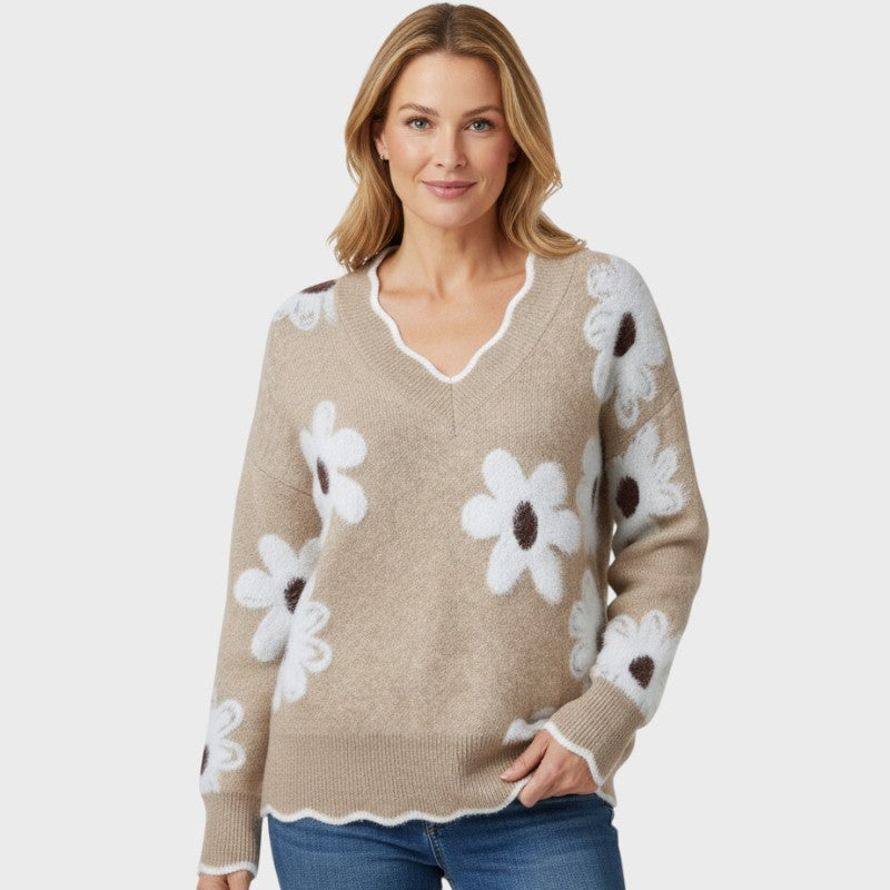 Elena – Strikpullover med Blomsterdesign