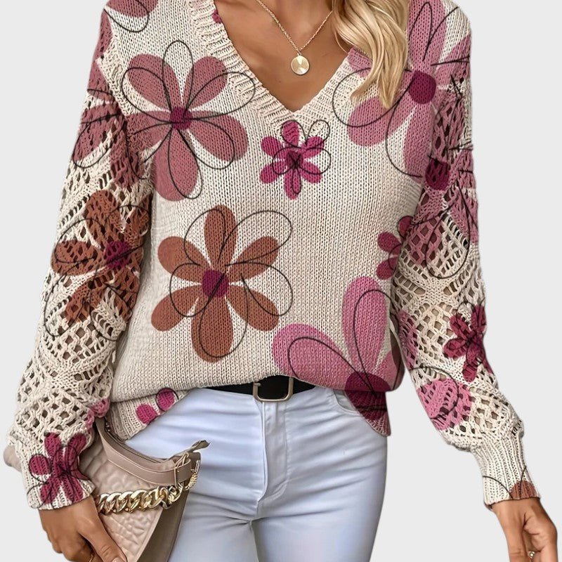 Sophia – Strikbluse med V-hals i Blomsterdesign