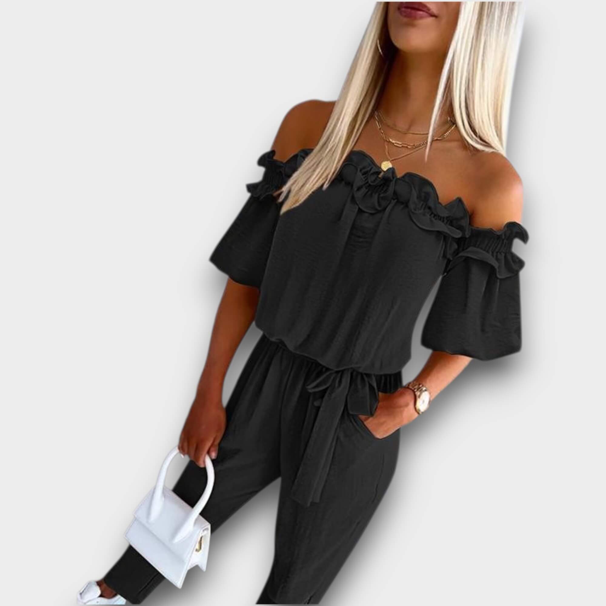 Aria – Off-Shoulder Flæse Båndliv Jumpsuit