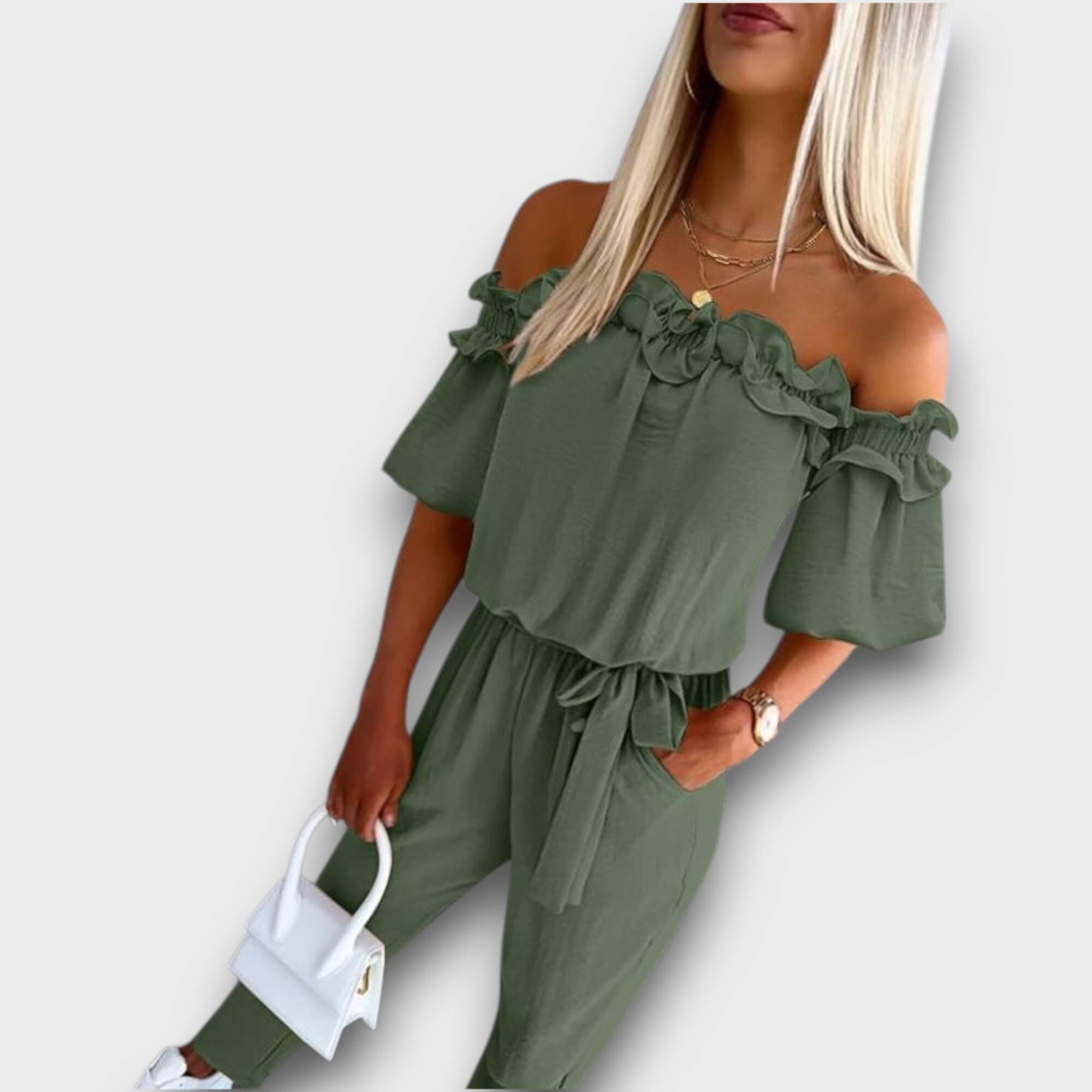 Aria – Off-Shoulder Flæse Båndliv Jumpsuit