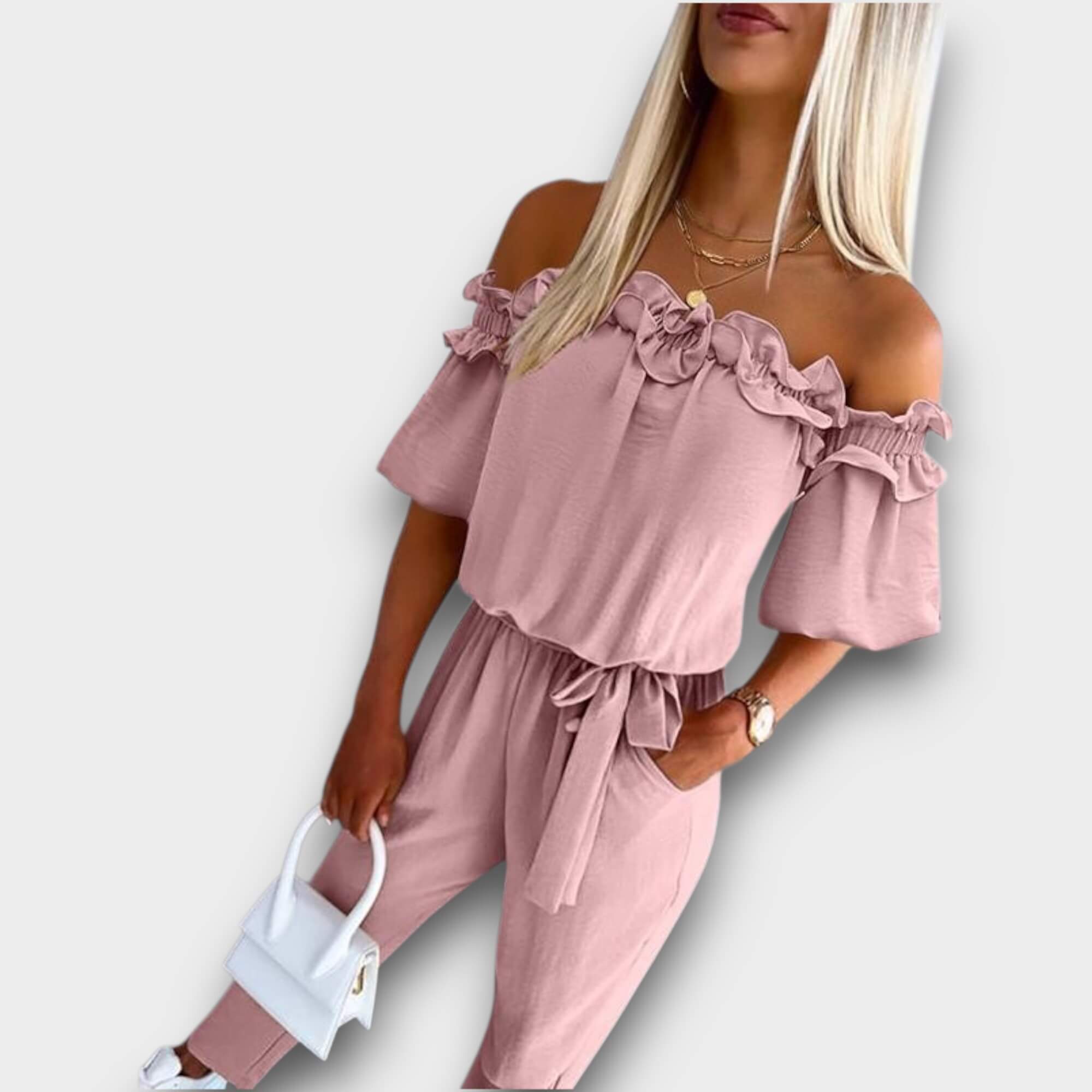 Aria – Off-Shoulder Flæse Båndliv Jumpsuit