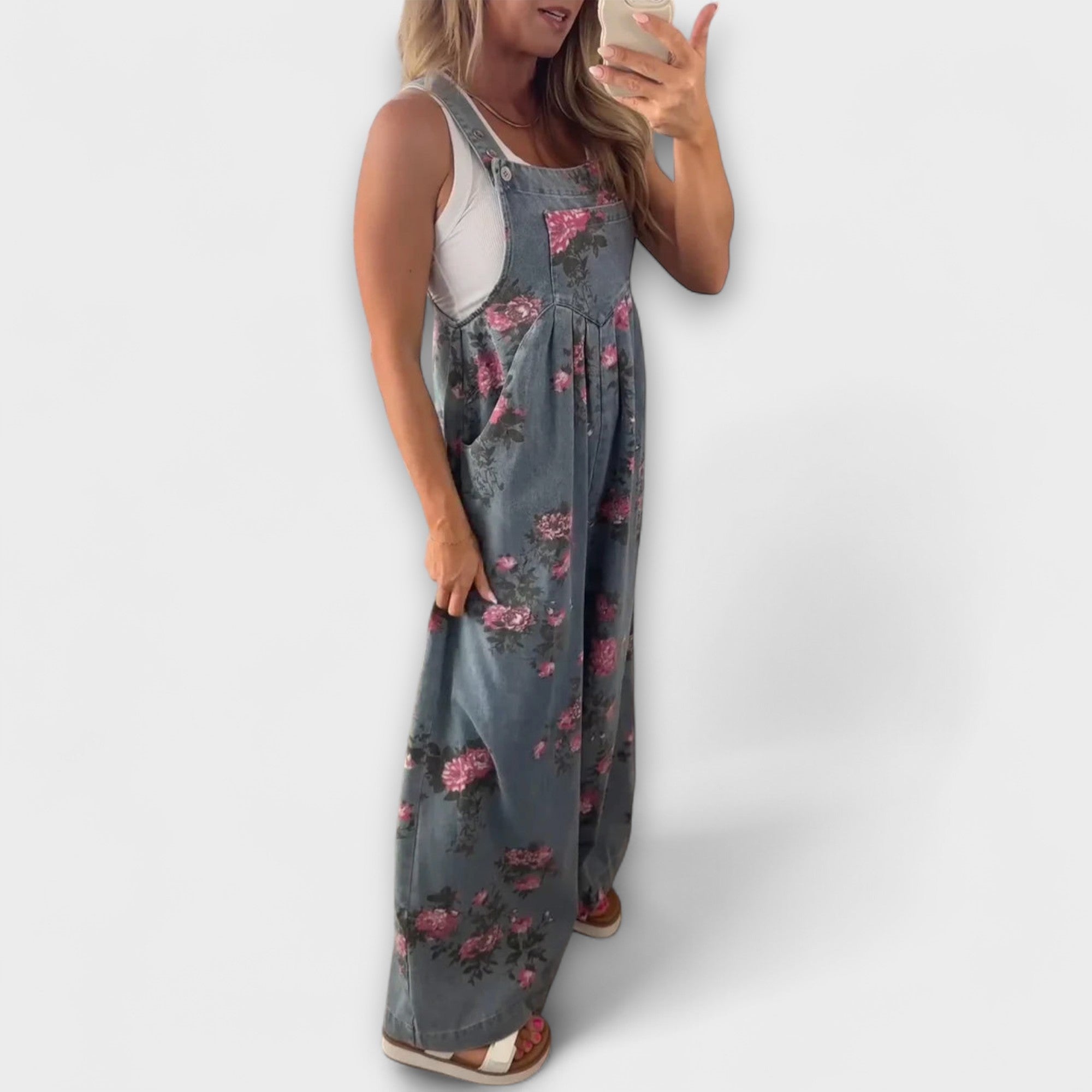 Bethany - Blomster Mønster Bred Denim Overalls