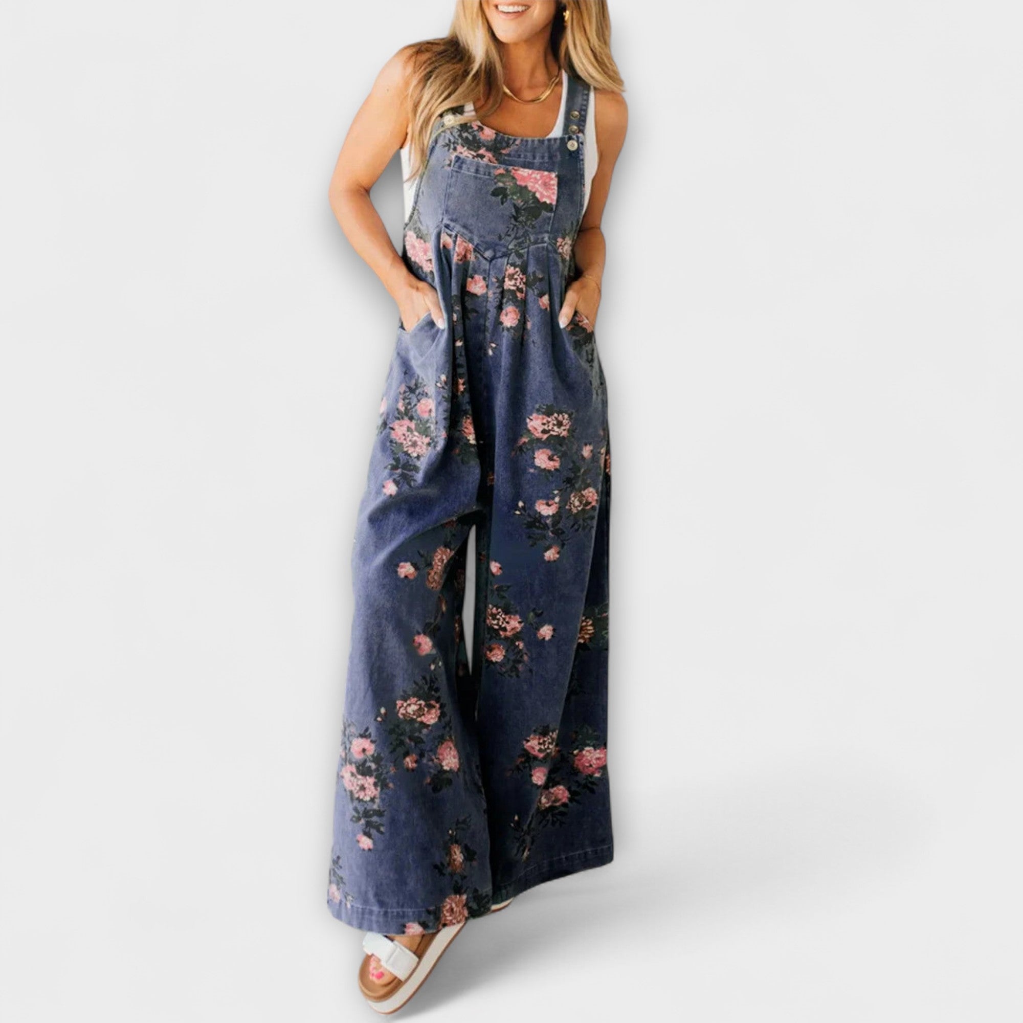 Bethany - Blomster Mønster Bred Denim Overalls
