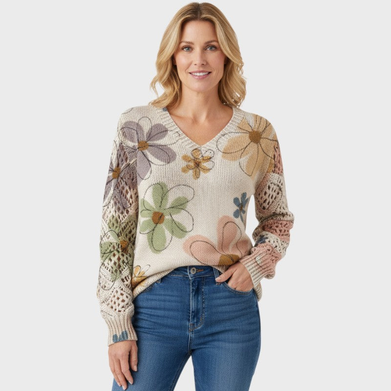 Sophia – Strikbluse med V-hals i Blomsterdesign