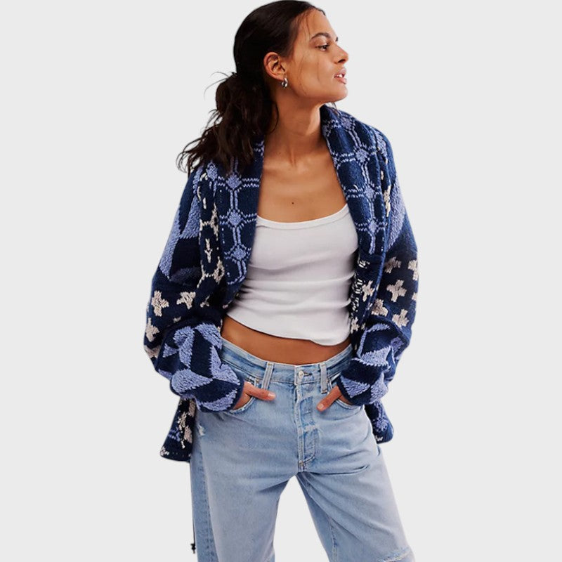 Portia – Oversize Vintage Cardigan med Lange Ærmer, Krave og Knapper