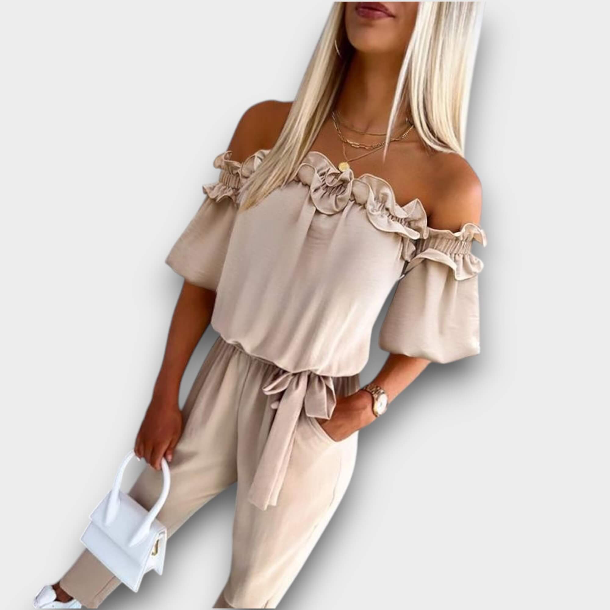 Aria – Off-Shoulder Flæse Båndliv Jumpsuit